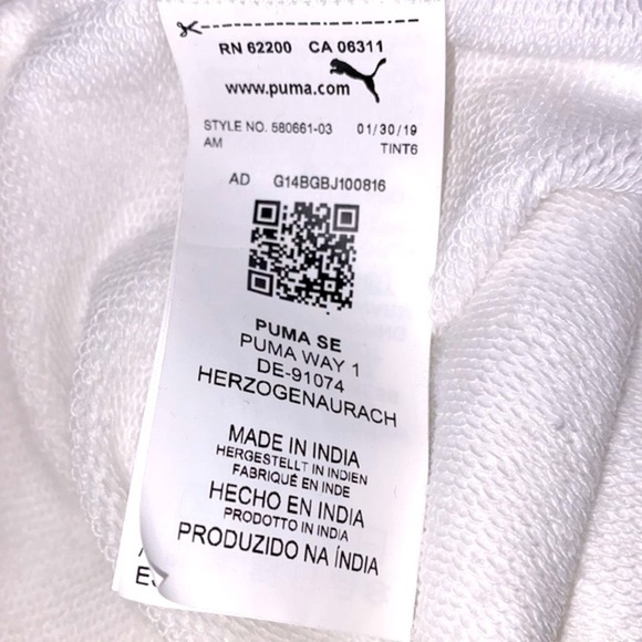 Puma full zip sweatshirt w/ shorter front,  longer back. Pockets. White & black. - Picture 11 of 11